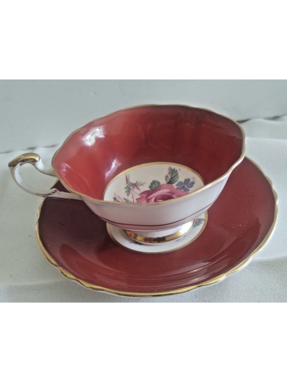 Vintage Paragon Double Warrant Wide Mouth Tea Cup & Saucer Set Burgundy 1939-49
